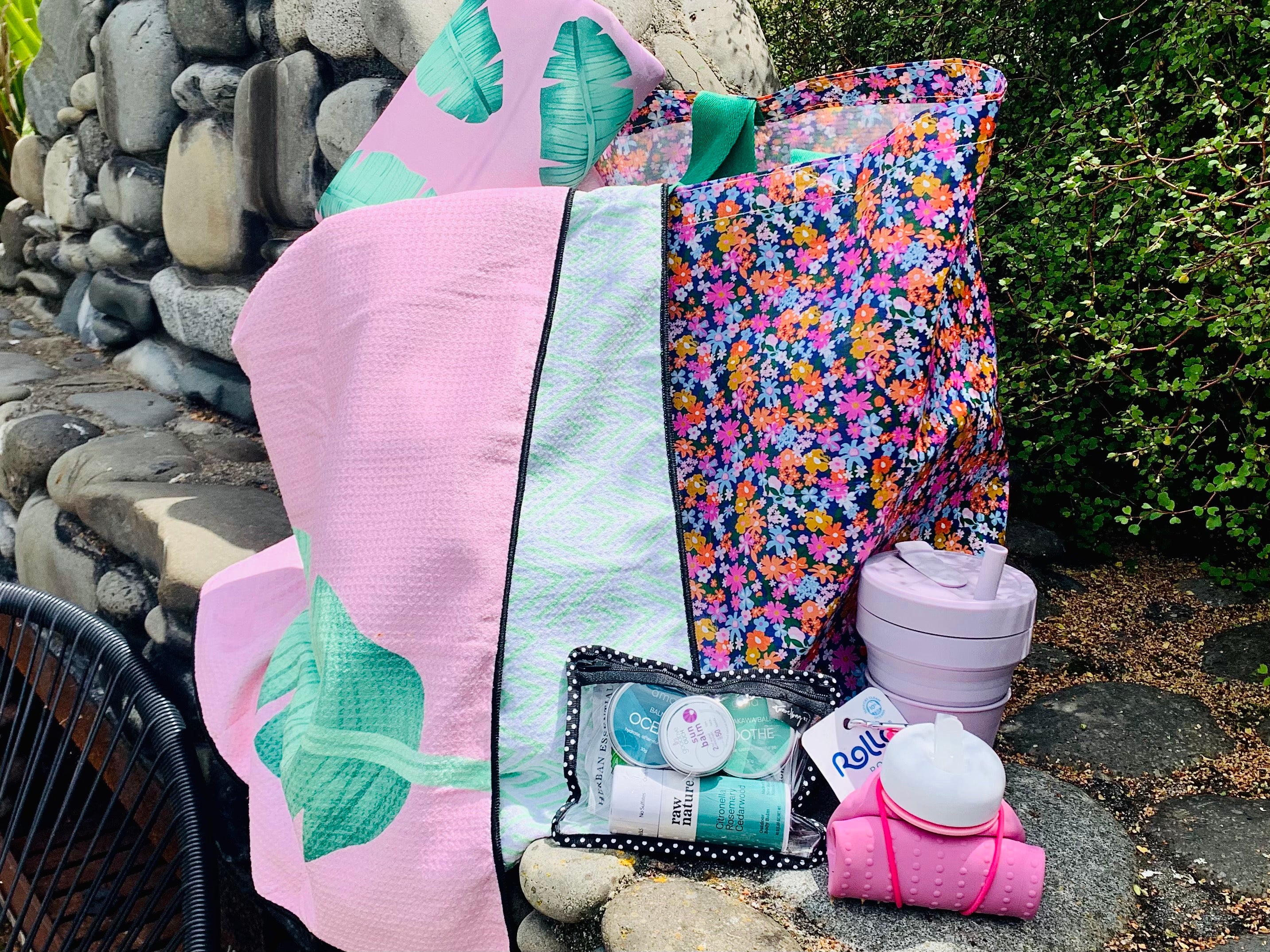 Sky Gazer Beach Towel, Beach Bag, Travelbag NZ Summer Essentials Kit, Rolla Bottle and Stojo Cup